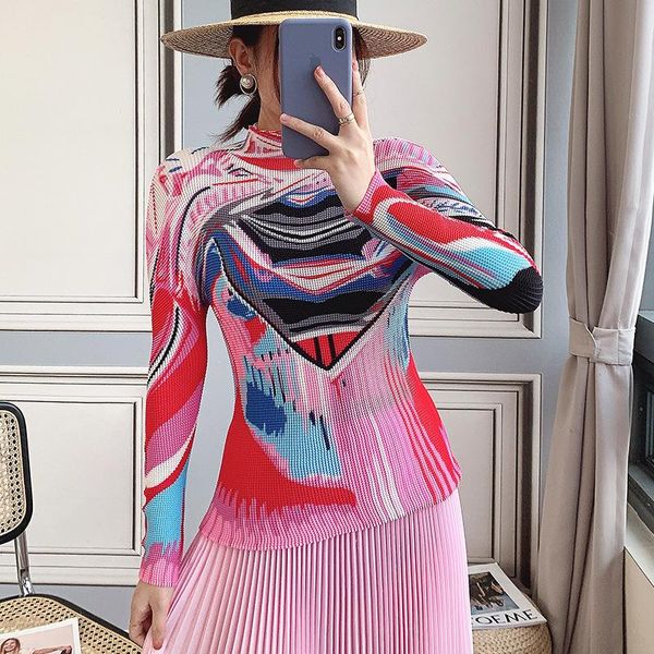 

women's t-shirt plus size for women 45-75kg 2021 spring half turtleneck long sleeves fashion printed elastic slim miyake pleat clothes, White