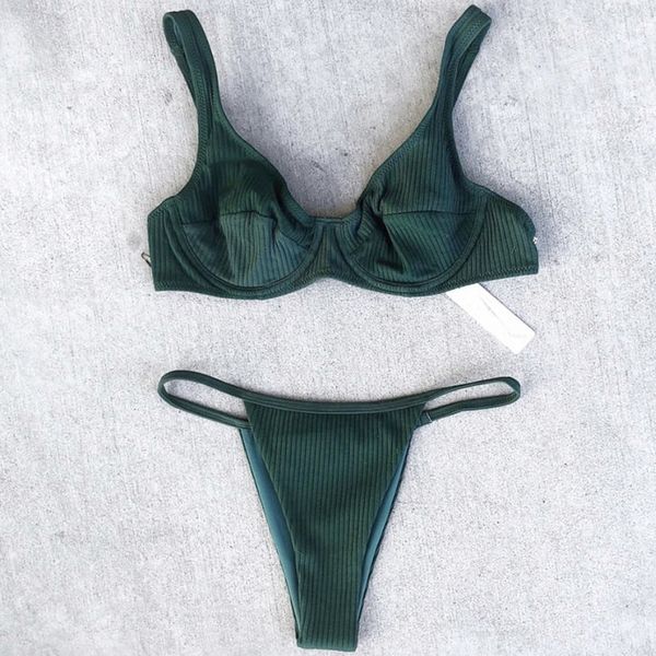 

2021 underwired v-bar push up bikini female swimsuit women swimwear micro thong bikini set ribbed bather bathing suit swim ladying