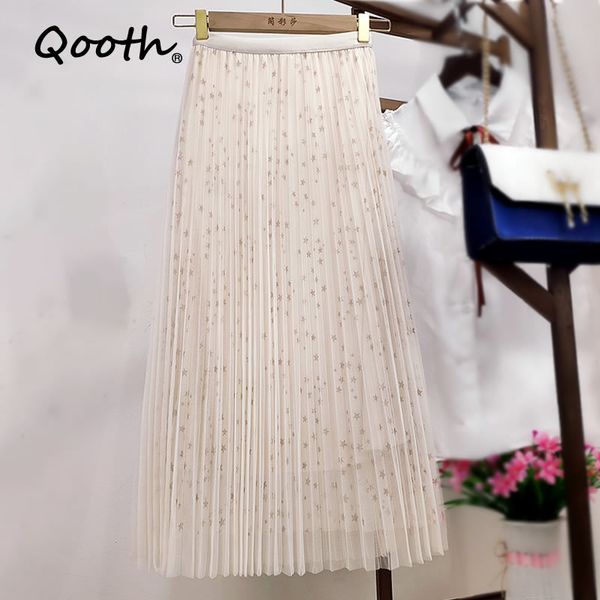 

qooth solid gilded stars pleated skirt women's spring summer a-line mesh skirt high waist fairy all-match lining skirt qt574 210518, Black