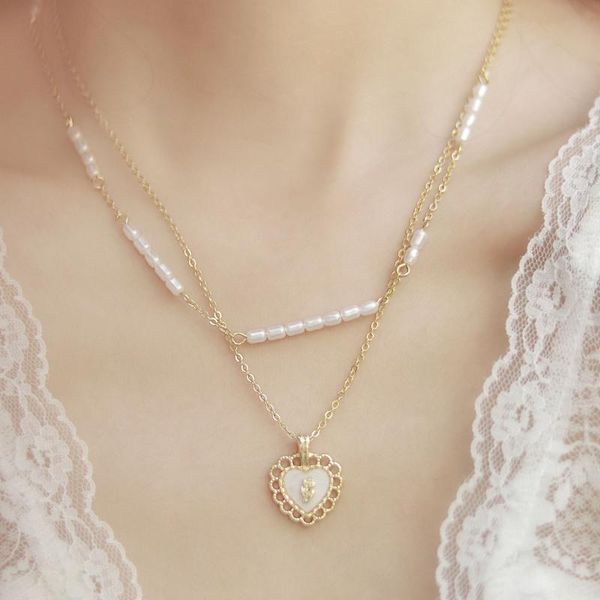 

pendant necklaces lovoacc elegant white shell love heart necklace for women double-layer natural pearl beaded chokers jewelry, Silver