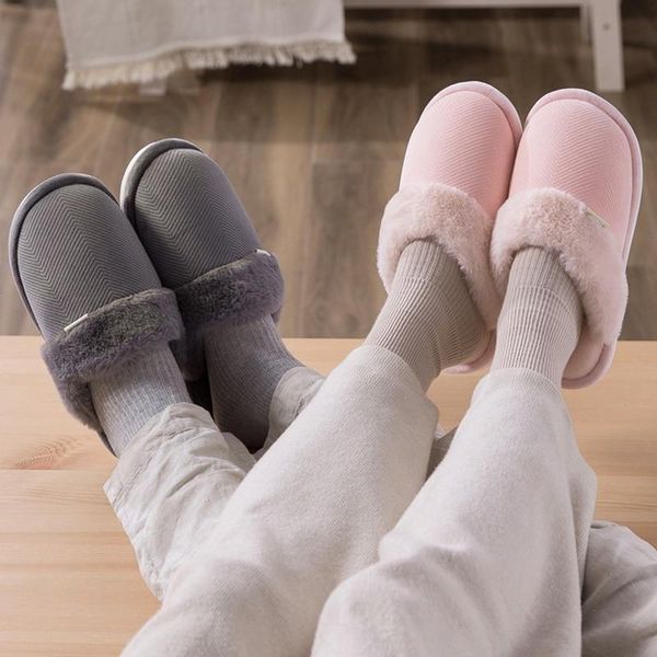 

winter women plush fur slippers fashion solid color home slip on warm house shoes men lovers indoor, Black