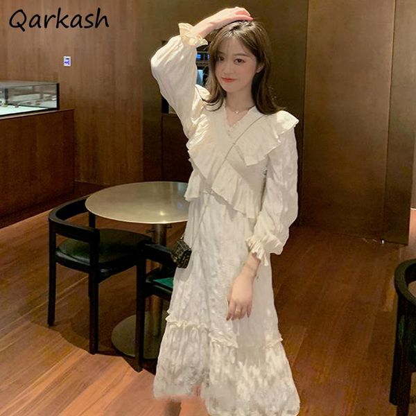 

casual dresses long sleeve dress women chic spring korean fashion holiday loose sundress ruffles ins lovely solid empire ladies midi vestido, Black;gray