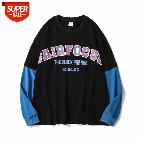 

letter printing stitching fake two-piece long-sleeved t-shirt men's american loose round neck bottoming shirt compassionate #if8t, White;black