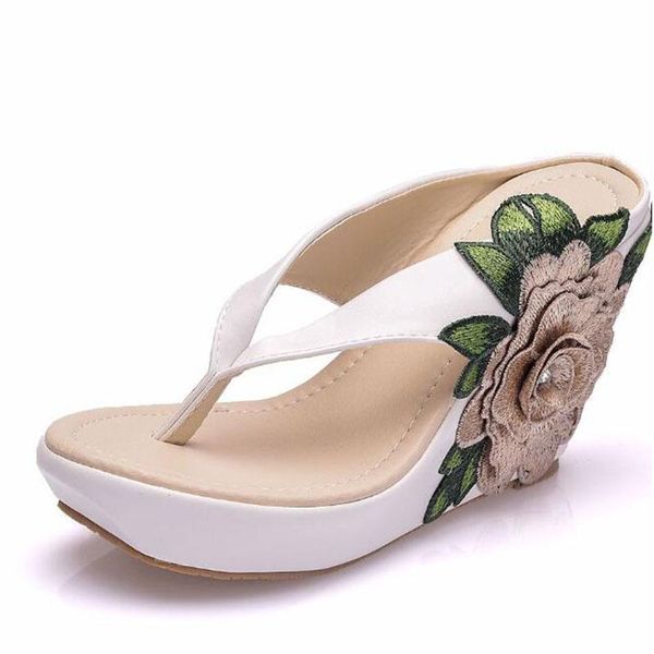 

white large size bohemian flower women sandals high heels wedge slides shoes woman beach flip flops 33~42, Black