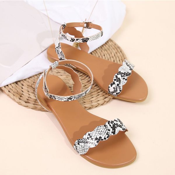 

Ladies Shoes Casual 2021 Women Sandals Snakeskin PU Flats Summer Buckle Ankle Strap Comfort Woman Shoes Fashion Female Sandalias
