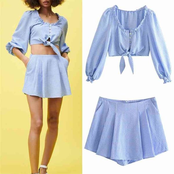 

summer women plaid 2-piece sets suits sweet casual short blouses za shorts skirts female fashion clothes 210513, White