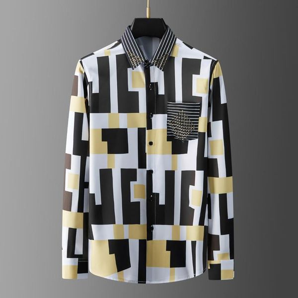 

men's casual shirts 2021 patchwork long sleeve men clothing rhinestones social blouse business dress camisas para hombre, White;black