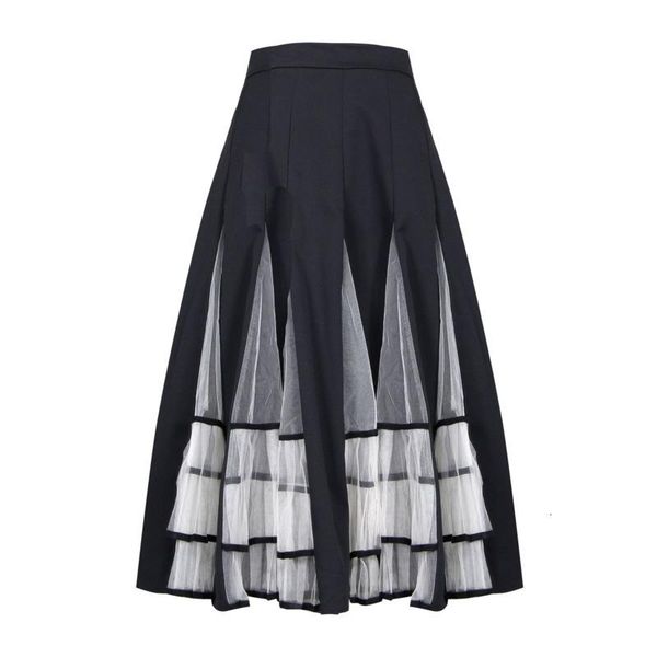

skirts mevgo high waist vintage woman patchwork pleated skirt mesh splice draped french retro stripe ball gown female hd2552, Black