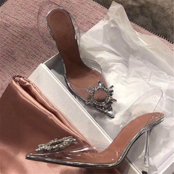 

clear pvc crystal sandals woman rhinestone buckle pointed toe shoes women transparent strange style low or high heels pumps, Black