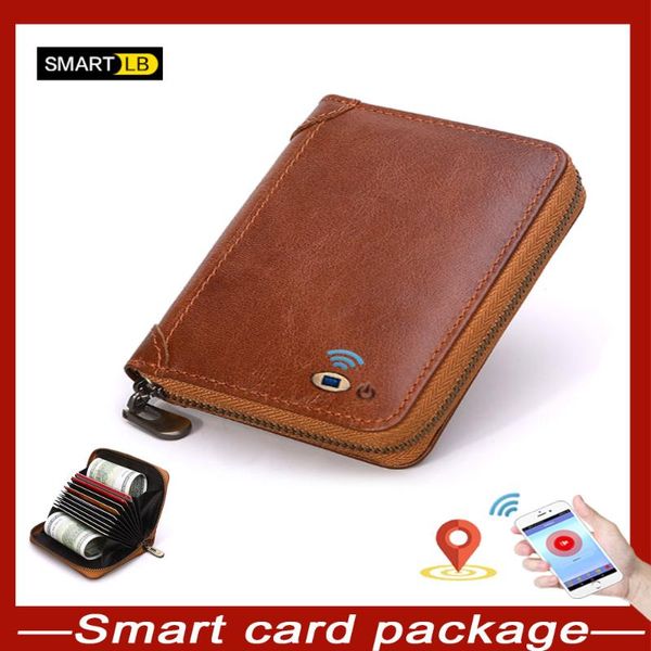 

card holders smart bluetooth holder women men wallets genuine leather zipper wallet pocket small fmale purses, Brown;gray