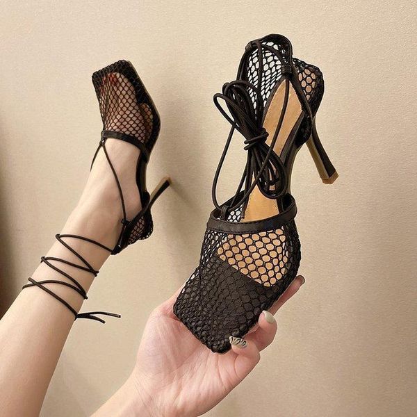 

sandals 2021 yellow mesh pumps female square toe high heel lace up cross-tied stiletto hollow dress shoes, Black