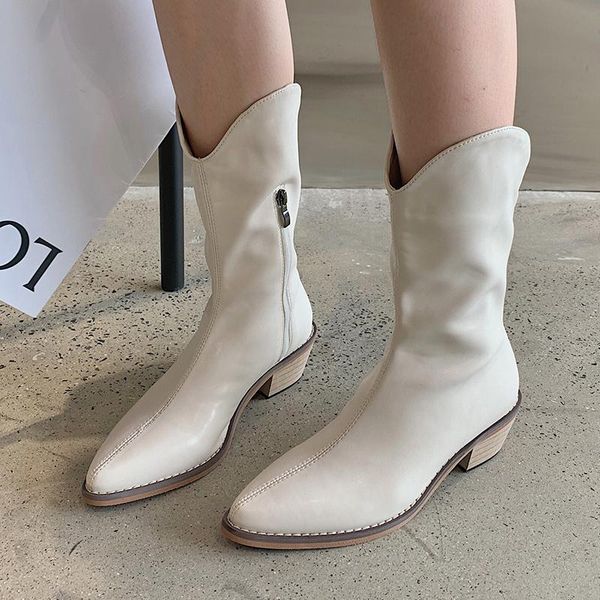 

boots autumn winter fashion 2021 women western female pointed toe low heels shoes ladies mid calf for zipper, Black