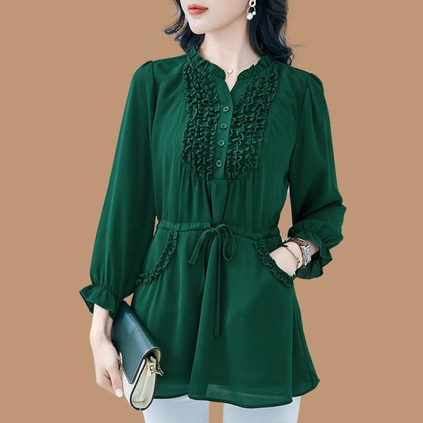 

women's blouses & shirts plus size 6xl chiffon shirt female 2021 long-sleeved loose fashion women ruffle mid-length long and blouse k8, White