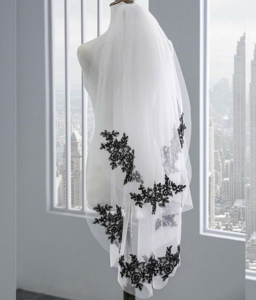 

bridal veils gothic short black appliques lace edge 37'' fingertip wedding