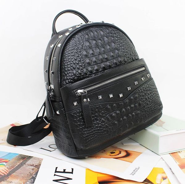 

fashion womens bag outdoor leisure girl backpack rivet solid color crocodile pattern design lady travel backpacks