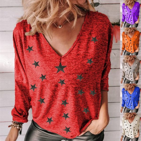 

spring and autumn fashion women's v-neck star print loose sleeve t-shirt, White