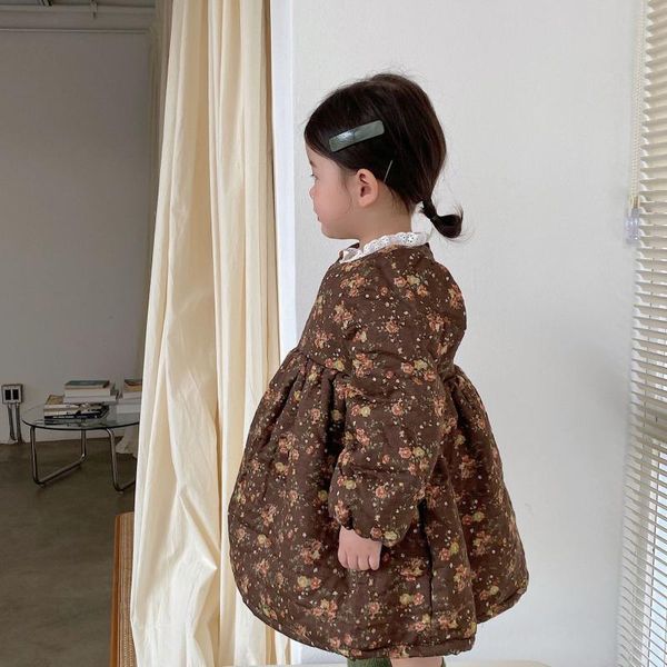 

girl's dresses korean children's clothing 2021 late autumn winter girl floral plus cotton dress, Red;yellow