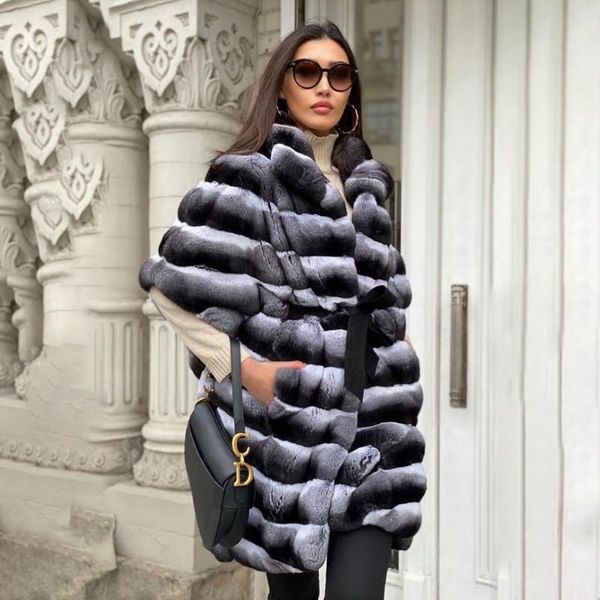 

women's fur & faux mid-length natural rex coat with lapel collar 2021 winter trendy genuine chinchilla color jackets, Black