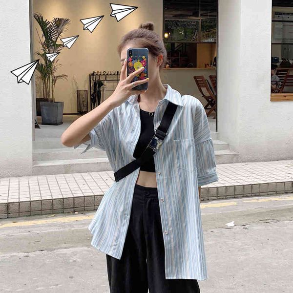 

casual blue striped all match 4 sizes s-xl simple thin college wind women female short sleeve turn down collars women shirts 210522, White