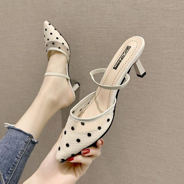 

slippers air mesh pointed toe ladies shoes woman 2021 women breathable dot hollow thin high heels casual, Black