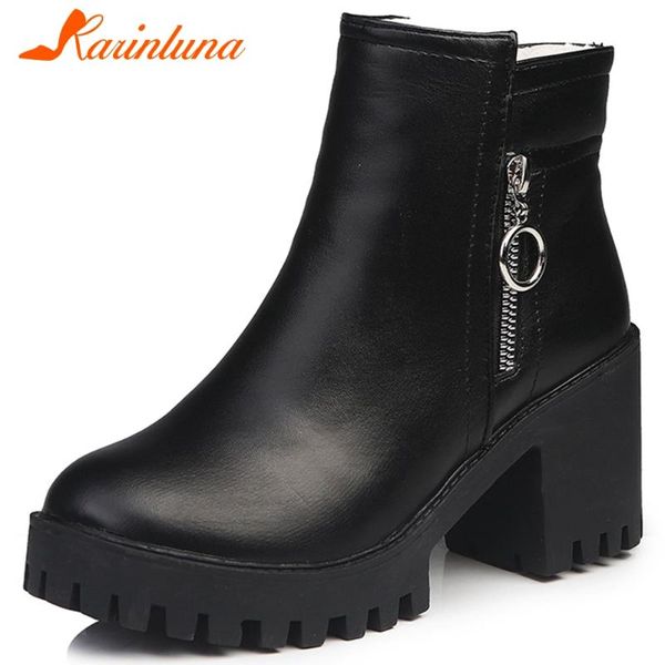 

boots 2021 brand fashion woman shoes platform leisure zip ankel short plush round toe square thick heels solid autumn winter, Black