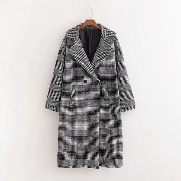 Женская куртка шерстяная ткань пальто осенью и зимой мода женская средняя длина свободно и показать тонкий клетчатый пальто 210521
