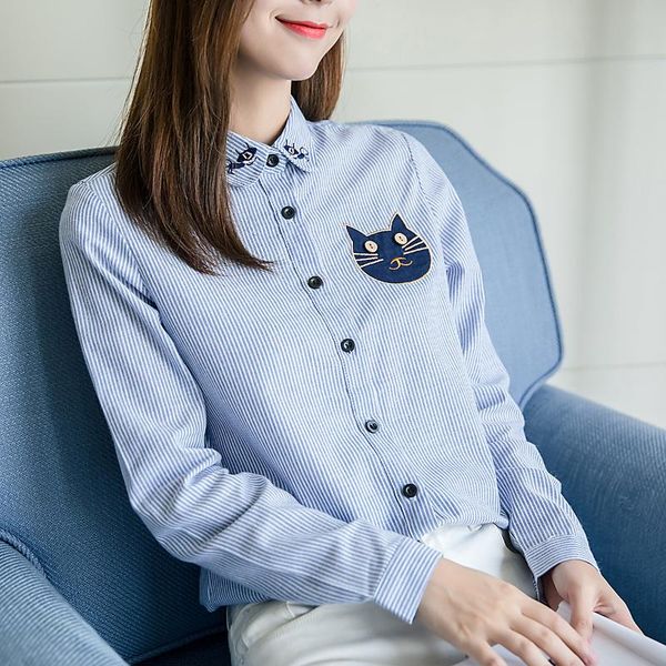 

cat embroidered female striped shirts women's college-style long-sleeve blouse spring autumn japanese style pinstripe women blouses &, White