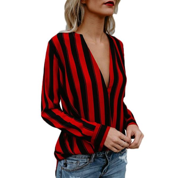 

women's blouses & shirts red and black striped blouse women v neck shirt nice fashion brand elegant office ladies, White