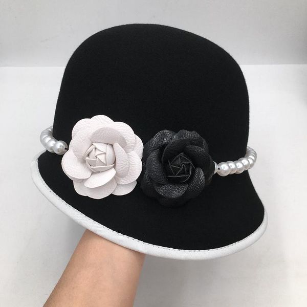 

wide brim hats winter retro wool women's bucket hat socialite felt pearl flower pots design elegant fashion, Blue;gray