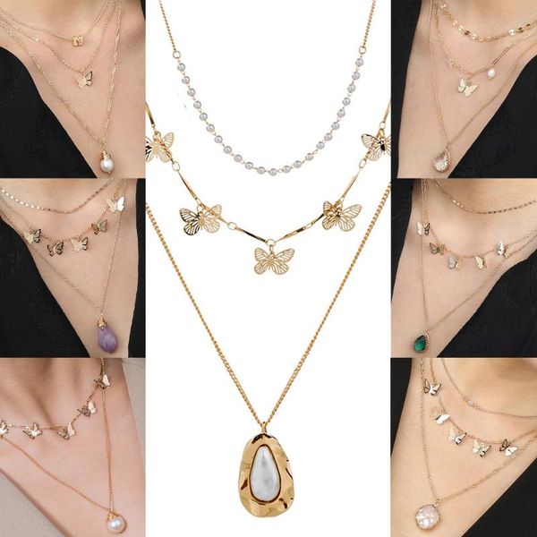 

pendant necklaces multilayer choker butterfly tassels bohemian pearl drop geometric waterdrop necklace jewelry fashion women party gift, Silver