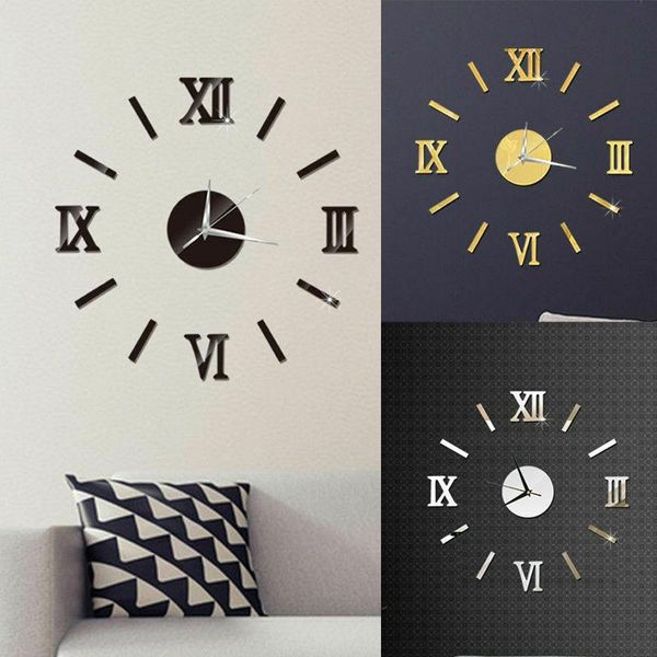 

modern diy large wall clock 3d mirror surface sticker home decor art giant watch with roman numerals big clocks