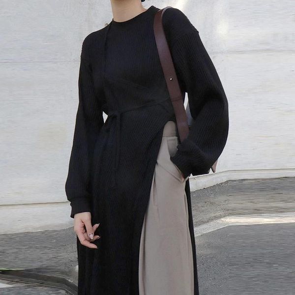 

casual dresses autumn knitted dress women korean chic simplicity o-neck belt waist long sleeve mid-length split all-match ins, Black;gray