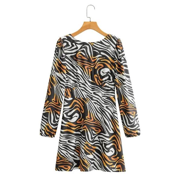 

casual dresses 2021 spring women vintage printing o neck slim mini dress female long sleeve clothes lady vestido d7052, Black;gray