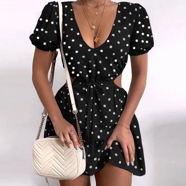 

casual dresses polka dot v neck wrap female high waist hollow short sleeve holiday beach dress lady mini party vestidos 2021 p4vj, Black;gray