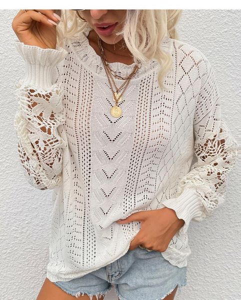 

women's sweaters women autumn 2021 lace stitching hollow sweater solid color round neck loose-fitting for daily commuting black/white, White;black