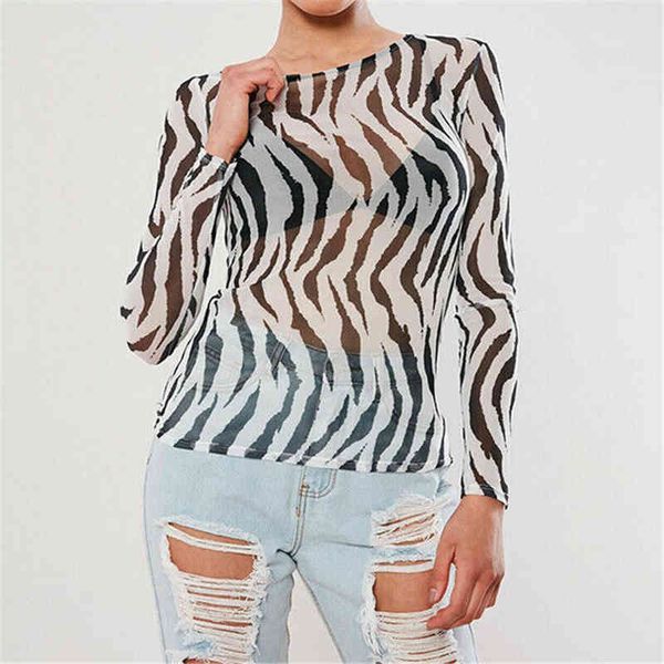 

women blouse summer zebra print transparent mesh sheer shirt woman blouse printed women tees casual blouses x0521, White