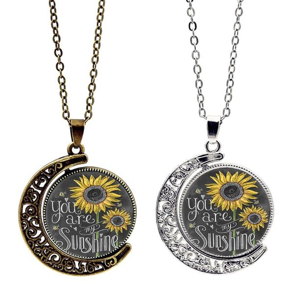 

classic you are my sunshine necklace moon dome sunflower pattern pendant women men double side rotation jewelry necklaces, Silver