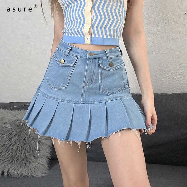 

denim pleated traf high-waisted skirts womens e girl y2k gothic clothes vintage ladies harajuku jeans skirt hd12201 210712, Black