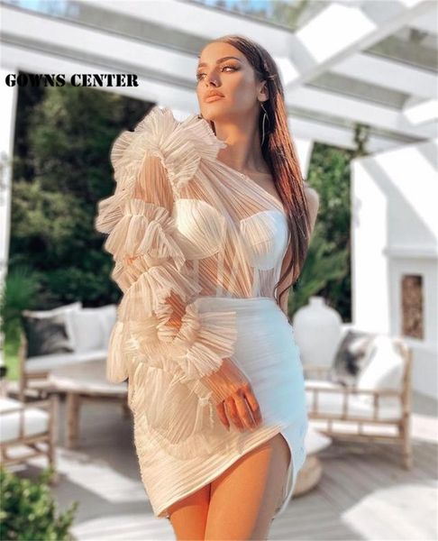 

party dresses one shoulder short prom 2021 mermaid mini cocktail dress puff tulle long sleeve homecoming gowns, White;black