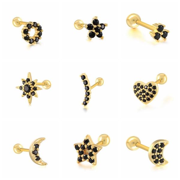 

stud canner earrings 925 sterling silver small bling black zircon ear bone piercing 1 pcs 2021 trend pendientes mujer aretes, Golden;silver