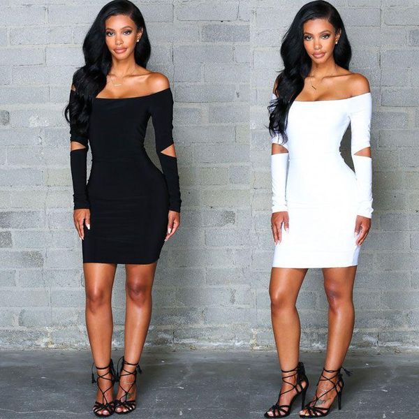 

casual dresses summer autumn women pure dress off shoulder holes long sleeve knitting mini slash neck soft eye-catching short, Black;gray