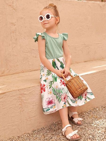 

toddler girls tee tropical print butterfly sleeve ruffle hem dress she, Red;yellow