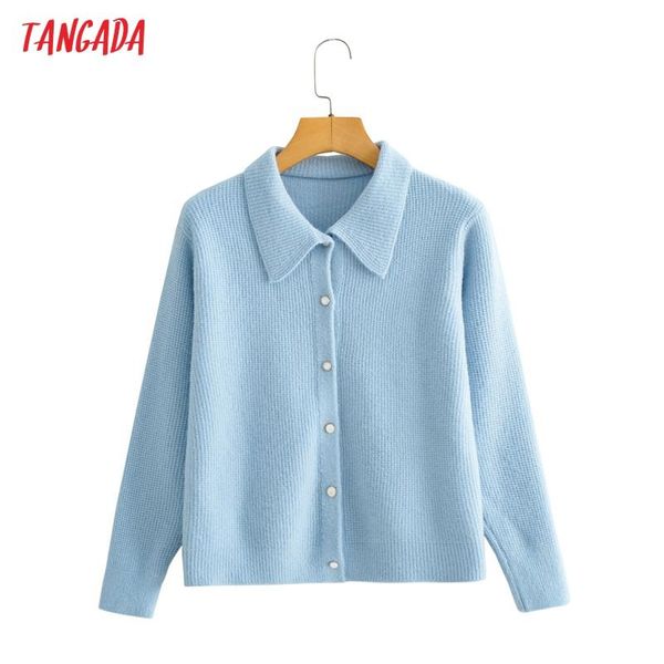 

women's knits & tees tangada 2021 autumn winter women blue turn down collar knitted cardigan sweater jumper vintage female outerwear bc, White