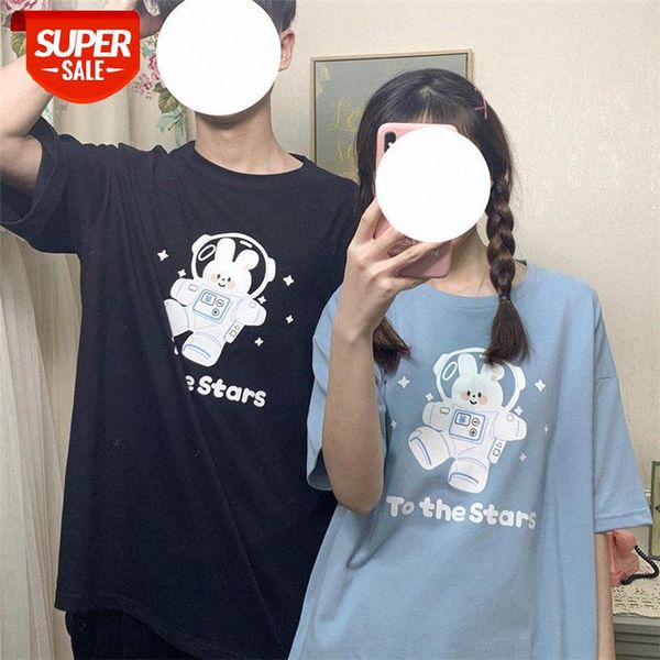 

new japanese student couple outfit astronaut rabbit print loose cute short-sleeved t-shirt blouse #cj8t, White