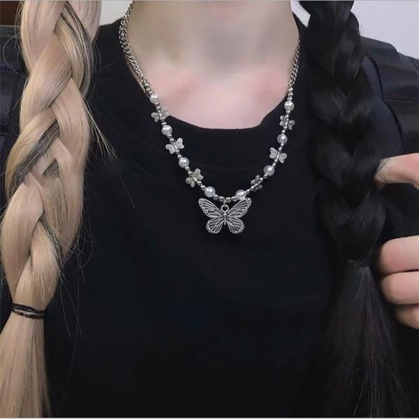 

pendant necklaces gothic butterfly necklace for women men statement choker charm collar summer jewelry couple friends gift, Silver
