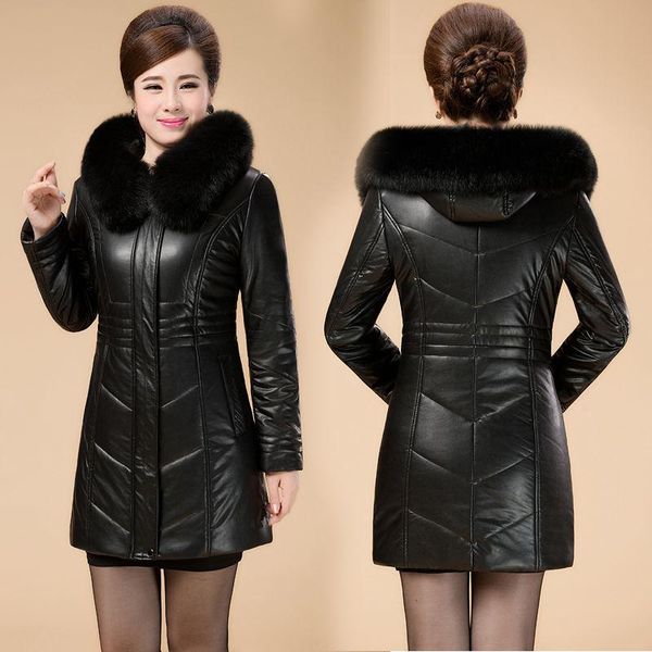 

women's down & parkas women 2021 winter middle aged faux pu leather jacket female thicken warm slim coats ladies big fur collar hooded, Black