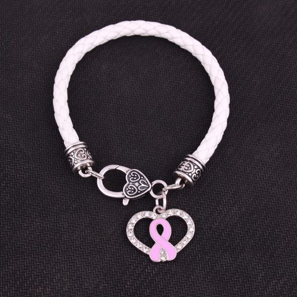 

charm bracelets breast cancer awareness pink enamel ribbon bow crystal heart pendant with 7.8" pure white leather chain lobster claw br, Golden;silver