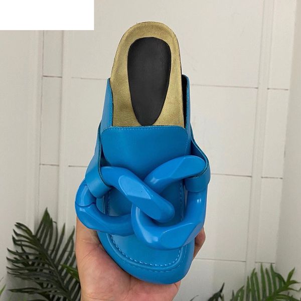 

sandals flat casual closed toe half slippers for women real leather thick sole gold chain decor slides mules lazy loafers 2, Black