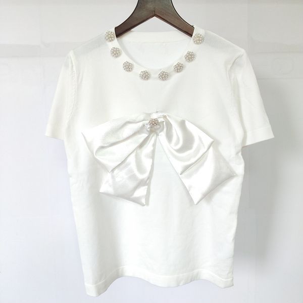 

59% off factory outlet store summer nail drill collar bow round neck short sleeve knitted top, White;black
