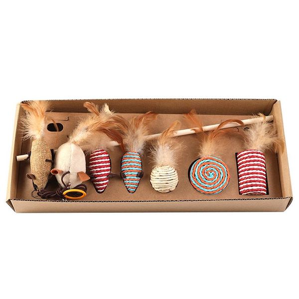 

cat toys 7pcs ball pet toy set feather teaser wand sisal box interactive
